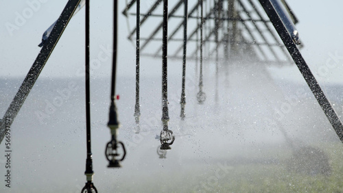 Photos Close up view of sprinkler pivot at work, watering crop for more growth