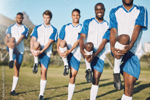 Soccer men, team stretching and training for sports competition or game with teamwork on a field. Football group people doing warm up exercise or workout for performance and fitness goals on grass