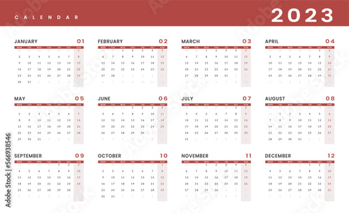 2023 Annual Calendar template. Vector layout of a wall or desk simple calendar with week start monday. Calendar design in black and white colors, holidays in red colors.