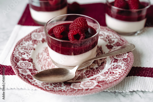 dessert with strawberries fresh mousse pannacotta berry jelly monochrome photo red and white photo sweets on english porcelain retro tableware