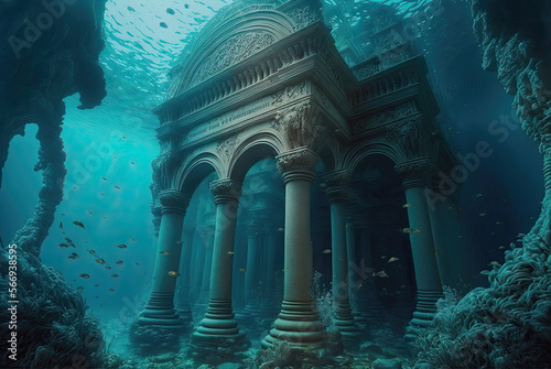 Atlantis, the lost underwater city. Generative AI illustration.