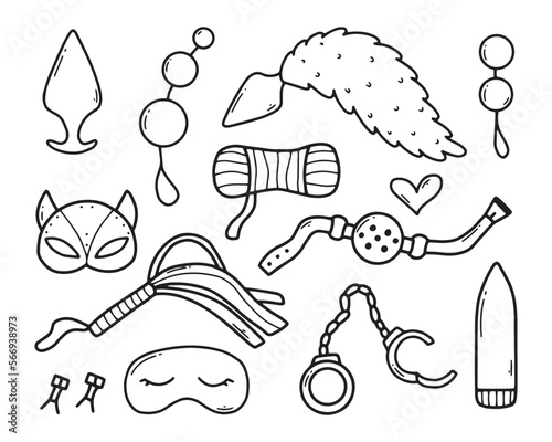 Set of sex toys. Collection of toys for adults. Vector illustration. Doodle style. Sex shop set. Set of erotic elements. BDSM toys.