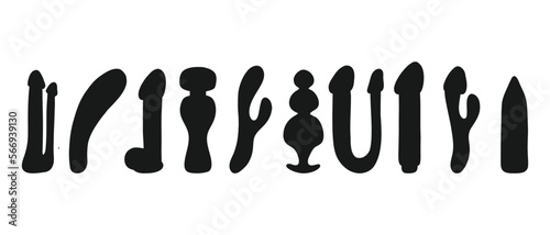 Set of silhouettes of sex toys. Vibrators silhouettes. Toys for adults. Vector illustration. Collection for sex shop.