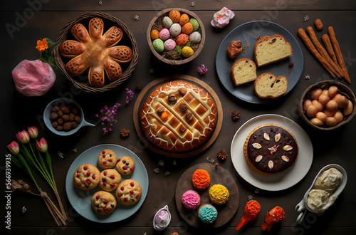 Easter day foods, Simnel cake, Hot cross buns, Chocolate eggs, bread, Easter bunny bakes, Carrots, Pretzels, Boiled eggs, Spiced Easter biscuits, Decorated Easter cakes, on wooden table, generative ai