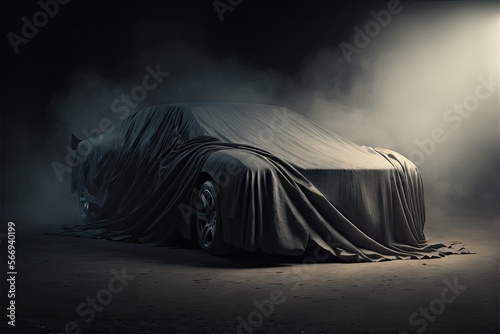 car covered in cloth on smoky background, generative ai composite