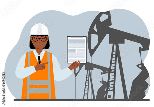 A female refinery engineer worker uses a tableted oil pumping unit. Energy industrial zone, oil drilling.
