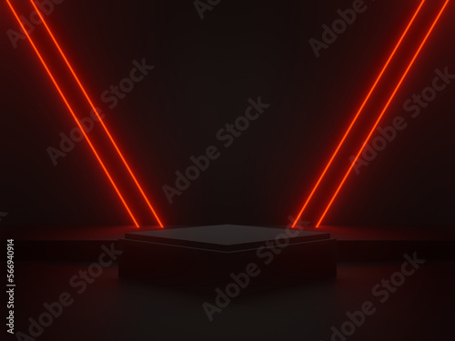 3D black scientific stage with red neon lights. Geometric podium. Sci-Fi stand.