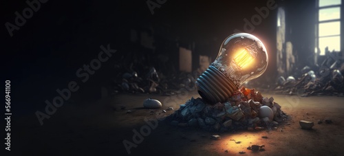 Reduce, Reuse, Recycle: A Simple Path to a Greener Future - light bulb in a pile of trash, copy space  generative ai