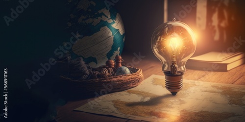 A light bulb illuminating the next travel destination featuring a globe and a map, generative ai