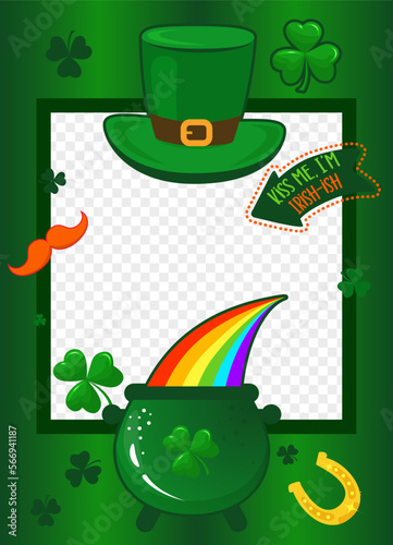 Happy saint Patrick's Day photo frame. you can insert your picture. With traditional Irish symbols around it. Funny photo frame in vector. Let the shenanigans begin. Kiss me I am Irish.