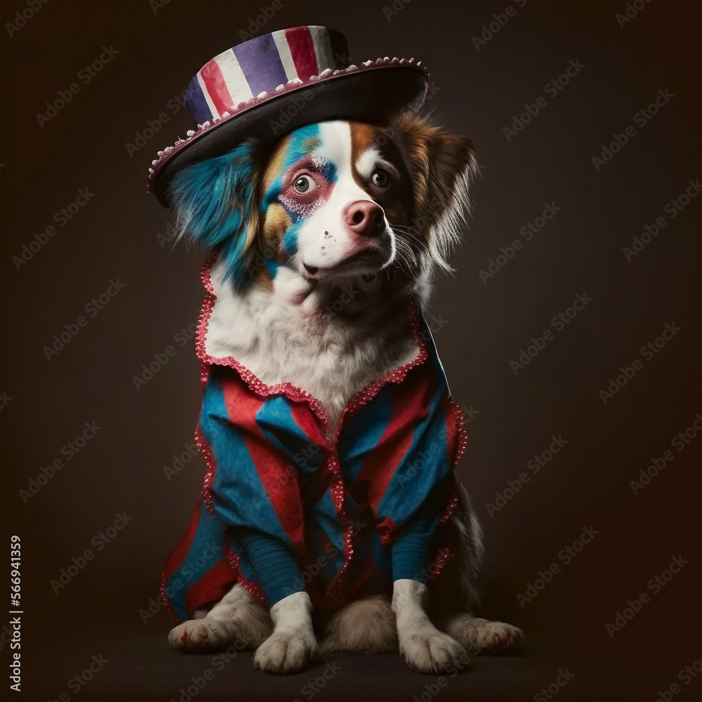 Portrait of a dog in clown cloth