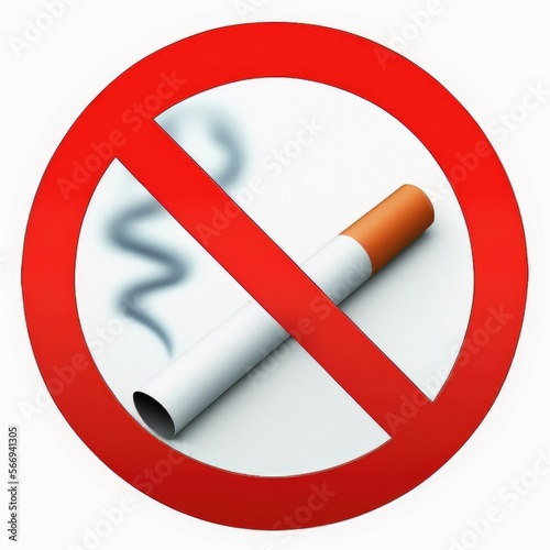 A no smoking sign in typically round in shape, and has a picture of a cigarette with a red circle and slash over it, the sign is in red and white in color, generative ai