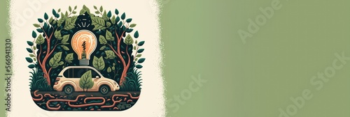 Green Energy in Motion: Illustration of Electric Car in Harmony with Nature, copy space generative ai