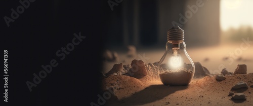 Bright Spark Amidst Desolation: An Illuminated Light Bulb in a Deserted Landscape, generative ai