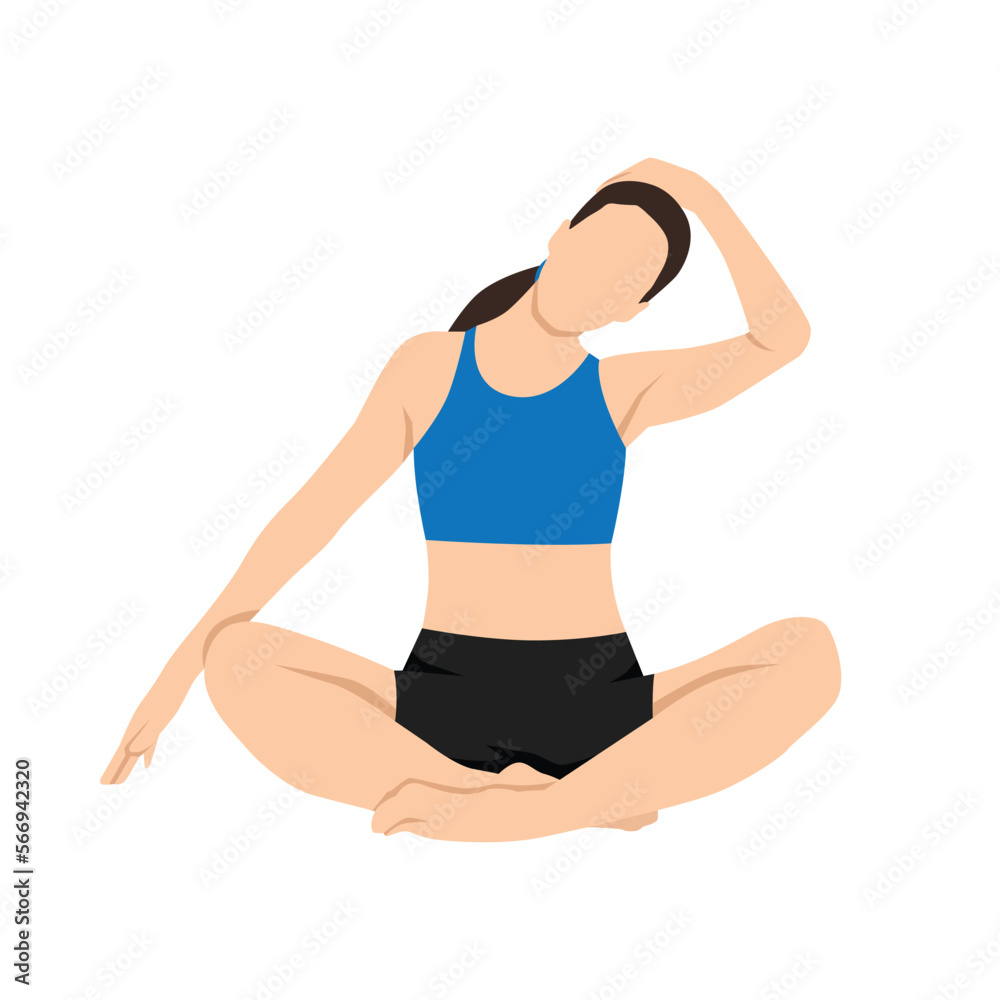 Woman doing meditating and seated stretching neck to the side. Release neck and shoulder tension. Flat vector illustration isolated on white background. Woman doing meditating and seated stretching neck to the side. Release neck and shoulder tension. Flat vector illustration isolated on white background.
