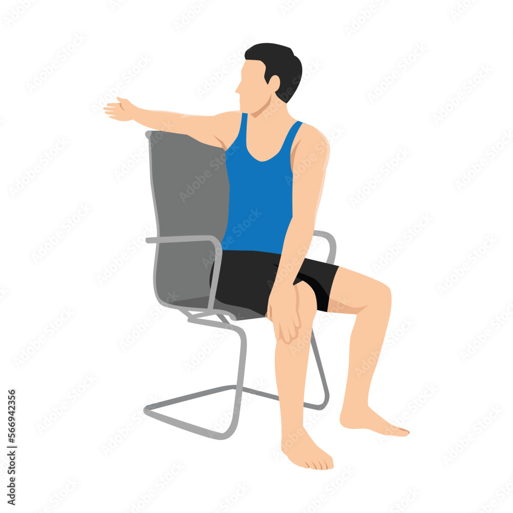 Man doing workout at office seated Chair spinal twist. ardha matsyendrasana exercise. Flat vector illustration isolated on white background Stock Vector Adobe Stock