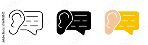 voice message icon set. Speech bubble, hearing, messenger, information exchange, tell, listen, message, social networks, internet, media. Communication concept. Vector line icon in different styles