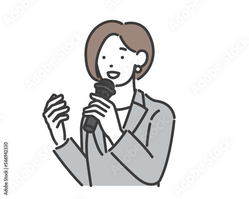 マイクを持って説明や講習をする女性のセミナー講師のベクターイラスト素材／ビジネス／講習／プレゼン