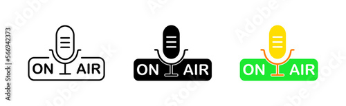 On Air icon set. Microphone, broadcast, streaming video, news, premiere, media, film, sports, camera, studio, presenter, announcer. media concept. Vector line icon in different styles