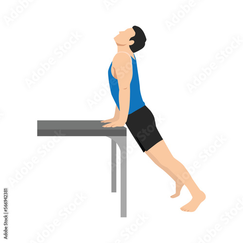 Man doing workout at office upward dog on desk. Flat vector illustration isolated on white background.