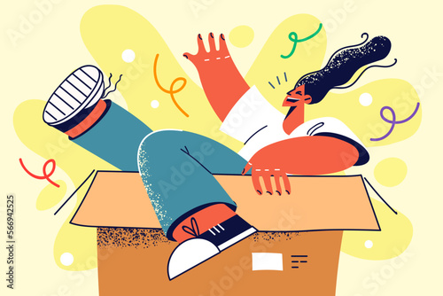 Excited woman in box celebrate relocation 