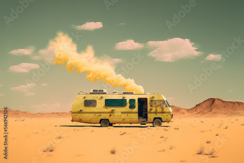 RV in the Desert: RV trailer parked in the desert with yellow smoke pouring out of its roof. Hot, sunny day where characters are cooking meth on an RV. 