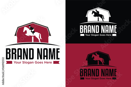 equestrian sport horse rider jumping over barrier logo design
