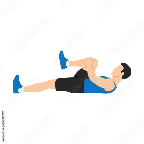 Man doing prone hamstring stretch or laying hamstring stretch. Flat vector illustration isolated on white background