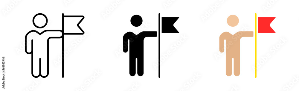 Reach the goal icons set. Businessman, leader, flag, person, puzzle, game, solution, plan, tactics, leader, opinion, direction, success. Business concept. Vector line icon in different styles Reach the goal icons set. Businessman, leader, flag, person, puzzle, game, solution, plan, tactics, leader, opinion, direction, success. Business concept. Vector line icon in different styles