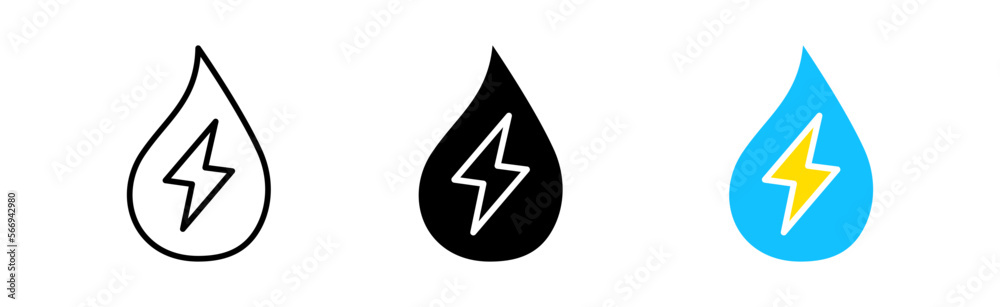 Hydropower icons set. Water, arrows, source, energy, renewable, health, art, technology, eco, lightning, battery, accumulator.Technology concept. vector line icon in different styles.