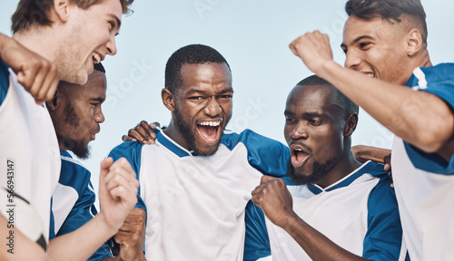 Soccer, winning team and men celebrate at sports competition or game with teamwork outdoor. Football champion diversity group people in celebration for goal, performance and fitness achievement win