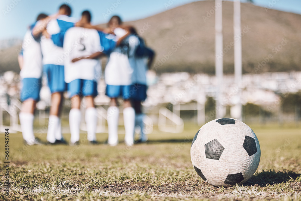 Ball, sports field and team huddle, game and training for competition, fitness and exercise outdoor. Football, athletic group hug and planning for match, teamwork and wellness on grass, goal and zoom