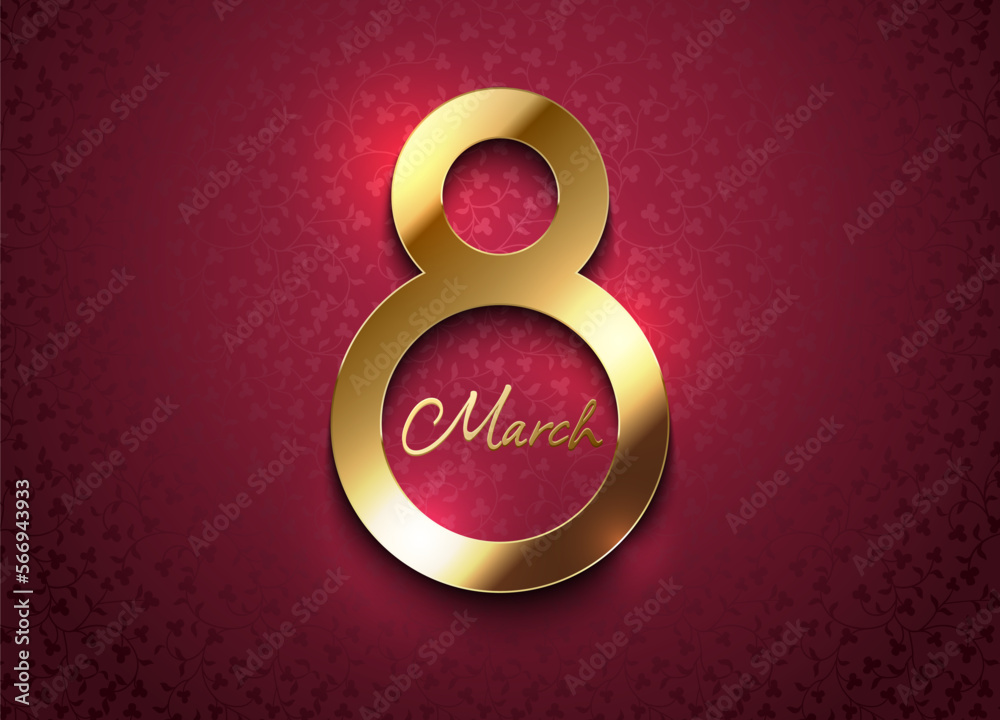 Golden 8 March luxury frame on pink red magenta floral pattern background. Women's day vector elegance design illustration. Realistic shiny luxury gold number frame, luxury red background, wallpaper Golden 8 March luxury frame on pink red magenta floral pattern background. Women's day vector elegance design illustration. Realistic shiny luxury gold number frame, luxury red background, wallpaper