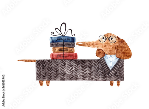 dachshund writer. writer's day. dog in glasses with books. watercolor illustration for print posters, cards, t-shirt prints, stickers.