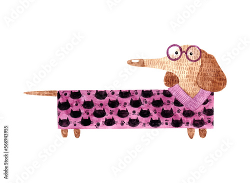 dachshund in a pink sweater with cats. cat Day. dog with glasses. watercolor illustration for print posters, cards, t-shirt prints, stickers.