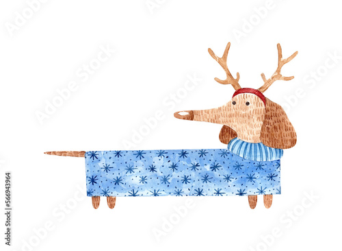 dachshund in deer antlers. New Year's dog in a blue sweater. watercolor illustration for print posters, cards, t-shirt prints, stickers.