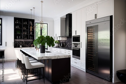 Warm white kitchen with expansive countertops island high end appliances spice kitchen black leather chair dining table wine fridge and office workstation