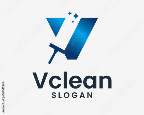 Letter V Initials Clean Cleaner Cleaning Service Maid Wash Wipe Mop Simple Modern Vector Logo Design