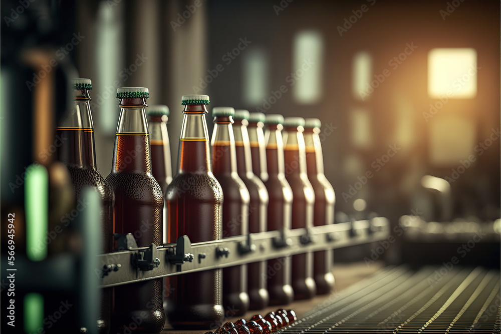 Beer bottles on factory production line. space for text