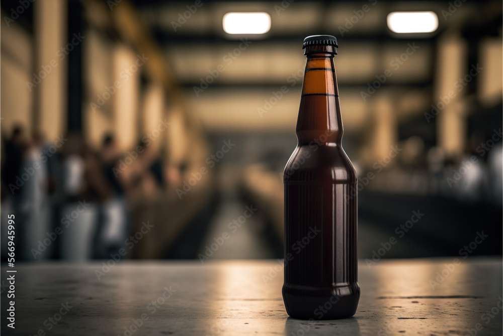 Beer bottle isolated on table without labels. space for text