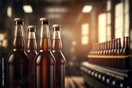 Beer bottles on factory production line. space for text