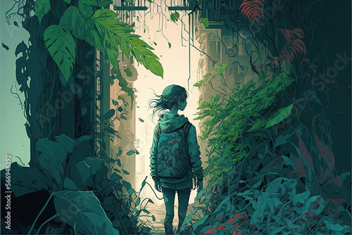 modern concept artwork of a person wandering through an abandoned apocalyptic city overgrown by plants