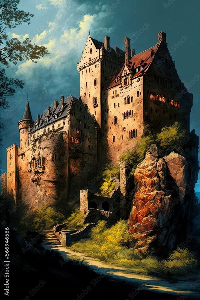 Old castle, medieval, landscape. Generative AI