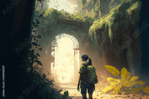 modern concept artwork of a person wandering through an abandoned apocalyptic city overgrown by plants © EOL STUDIOS