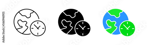 World time line icon. Time zone, time, date, day, hour, minute, place, side, season chronology, planet, timetable, countries. Vector icon in line, black and colorful style on white background