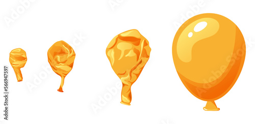 Rubber balloon blowing process. Uninflated latex ballon isolated on white background. Cartoon decorative element for birthday. Vector illustration