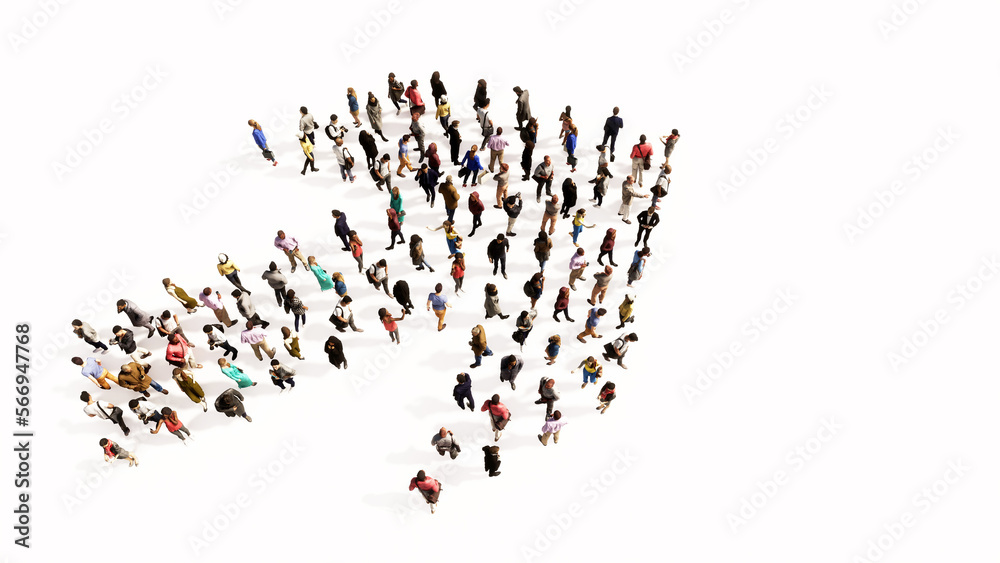 Concept conceptual large community of people forming the road sign. 3d illustration metaphor for navigation, strategy, journey, guidance, choice and decision Concept conceptual large community of people forming the road sign. 3d illustration metaphor for navigation, strategy, journey, guidance, choice and decision