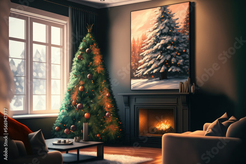 Stylish living room interior with Christmas tree near beautiful fireplace, blurred view. Generative AI