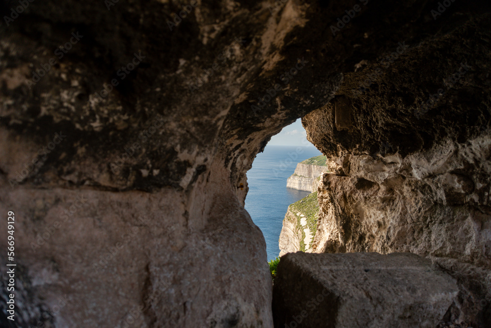 View to cliff from cave in Malta, Gozo