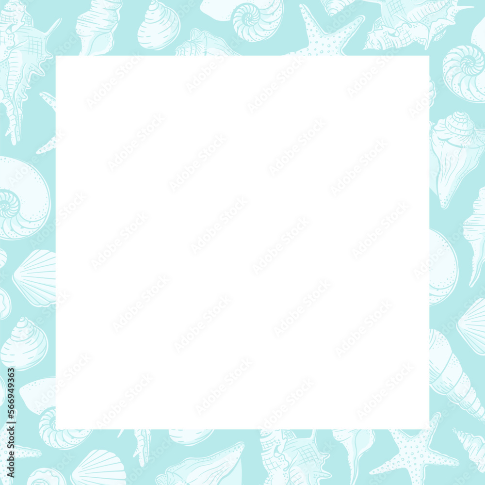 Square seashells frame. Sea and ocean design template. Vector illustration